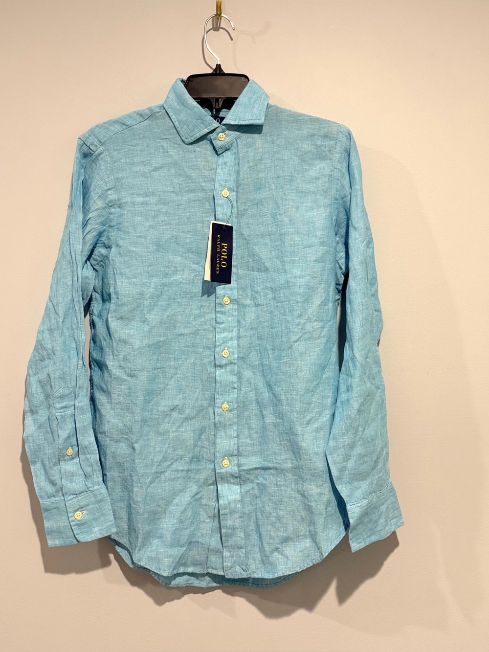 NWT Polo Ralph Lauren Mens Blue Solid Woven Linen Button-Up Point Collar XS